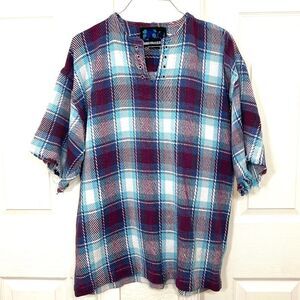 Rhinoceros Vintage 90’s Grunge Plaid Flannel Short Sleeve Top Burgundy Blue  XL